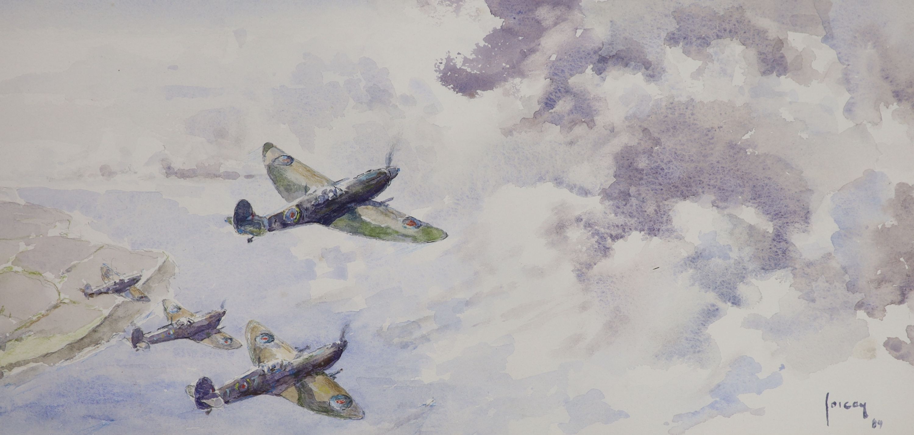 Richard Joicey, watercolour, Spitfires in flight, signed and dated '89, 23 x 48cm